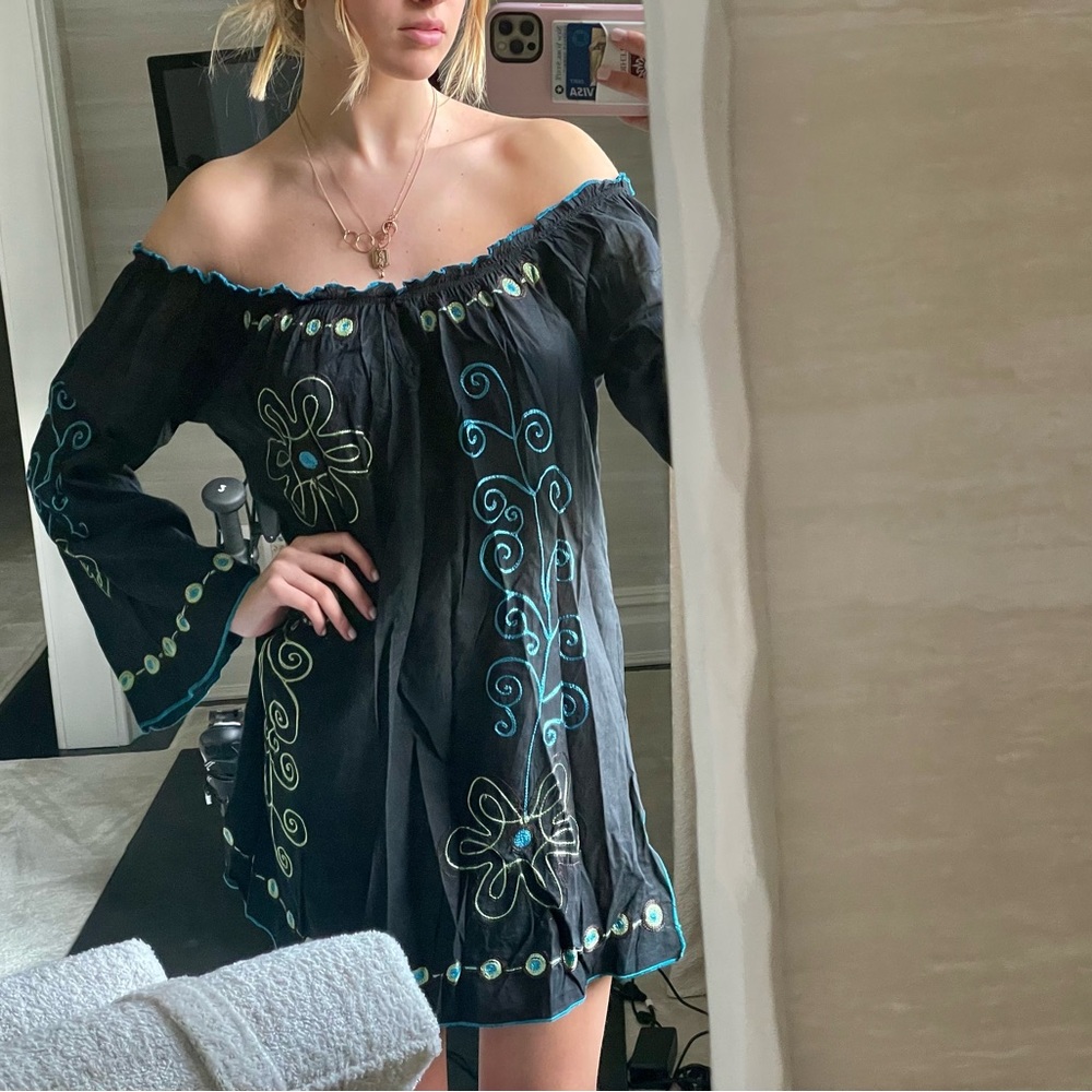 cutest vintage off the shoulder floral embroidery mini dress/ cover up!